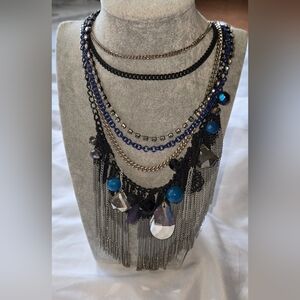 Express Lux Black Silver Blue Multi-Layer Statement Necklace Silver Fringe